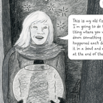 In black and white, adult Lynn stands in someone's doorway smiling wildly and holding an empty fishbowl in her hands. She is dressed for winter. She is speaking to someone in front of her.